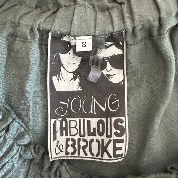 Young Fabulous and Broke Linen Blouse SZ Green Off Shoulder Pullover Ruffle Boho - Picture 5 of 7